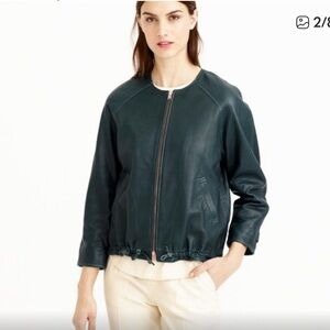 J. Crew Collection leather dark green jacket with rose gold hardware.